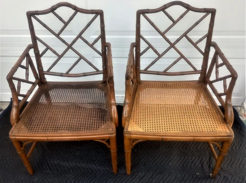 Pair Of Vintage Mid Century Chinese Chippendale Faux Bamboo Fret Work Arm Chairs Cover