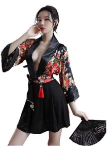 Japanese Geisha Kimono Lingerie Sexy Cardigan Floral Print Skirt Yukata Cosplay - Picture 1 of 7