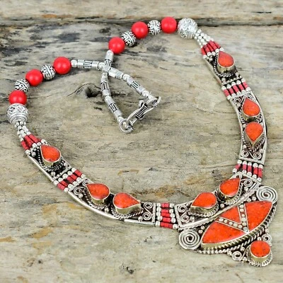 Design Unico Corallo Rosso 925 Argento Sterling Tibetano Collana Boho Nepali - Immagine 1 di 4