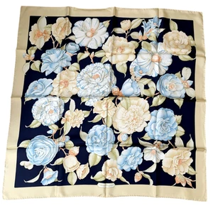 Authentic Salvatore Ferragamo floral pattern Navy/Beige Silk Scarf i060333 - Picture 1 of 14