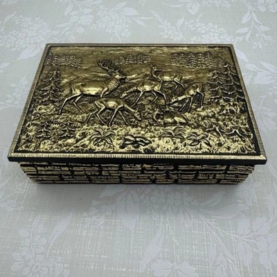 Gold tone Elk Lidded Box 4"x 6" Geschutzt Hunting Lodge Germany - image 1 of 4