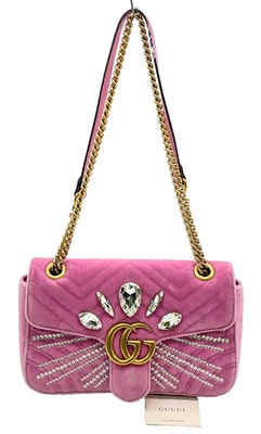 Auth Gucci 443497 GG Marmont Velvet Rhinestone Pink Chain Shoulder Bag DD070081 - Image 1 of 4