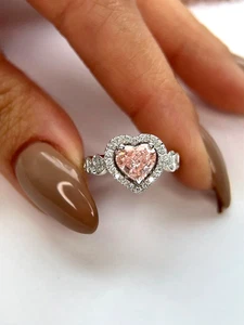 2.50 CT Heart Fancy Vivid Pink IGI Lab Grown Diamond Wedding Ring 14K White Gold - Picture 1 of 15