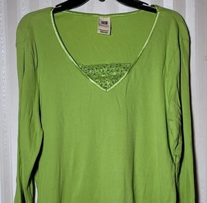 Vintage Y2K Lace Sequin Trim Top Sz 18 20W Green Ribbed Knit Fairy Cotton L/S  - Picture 1 of 5