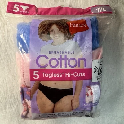 Hanes 女式棉质高帮内裤 7/L 40-41 英寸 5 件装透气无标签新品 — 第 1/4 张图片