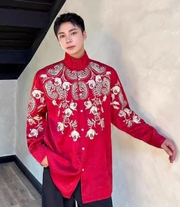 Camicia uomo stile cinese retrò ricamata floreale supporto colletto manica lunga tg_ - Foto 1 di 6