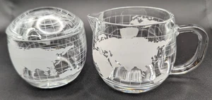 Vintage Nestle World Globe Etched Glass Creamer & Sugar Bowl with Lid 3” - Picture 1 of 8