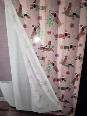 Pink Betsey Johnson 14 Pc Dachshund dog Holiday Shower Curtain Set w/Liner  NWT - Image 1 of 4