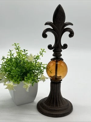 Vintage Heavy Iron ? Fleur de Lis Statue With Amber is Glass Middle 9.5”T - Image 1 of 4
