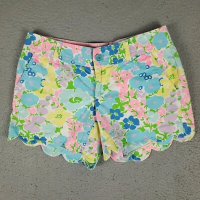 Pantalones Cortos Lilly Pulitzer Mujer Talla 2 Azul Rosa Floral Buttercup Frente Plano Chino Foto 1 de 4