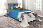 Tropical Quilted Coverlet & Pillow Shams Set, Island Palms Sunbeds Print