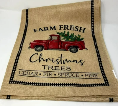 Holiday Burlap Style Table Runner Christmas Tree Red Truck 13"x68" NEW - Image 1 of 2