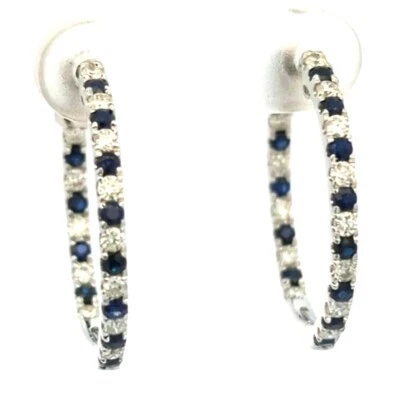 Video aretes tipo argolla retro de diamantes con zafiro natural de oro blanco macizo de 14 quilates de 1,27 quilates  Foto 1 de 4