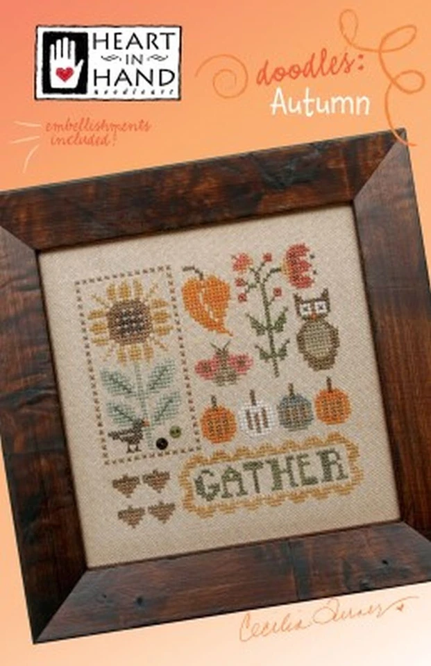 HEART IN HAND DOODLES AUTUMN CROSS STITCH PATTERN WITH EMBELLISHMENTS - Image 1 of 1