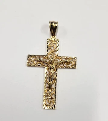 Colgante liso unisex cruz oro amarillo 14K corte diamante religioso 2 pulgadas Foto 1 de 4