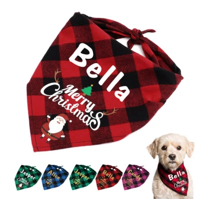 Personalised Christmas Cotton Dog Bandana Name Print Plaid Scarf Santa/Snowman - Image 1 of 4
