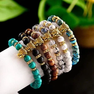 Charm Stone Beaded Leopard Head Beaded Bracelet For Men Pulseras Hombre Handmade - Picture 1 of 14