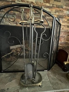 5 Piece Dimpled BRUSHED BRASS FIREPLACE POKER SET~Fire Tool*Brush*Shovel*Tongs - Picture 1 of 19