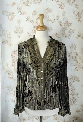 Green Flower Velour Crinkle Button Blouse Top Fairy Whimsy Goth Boho Hippie 90s - Image 1 of 4