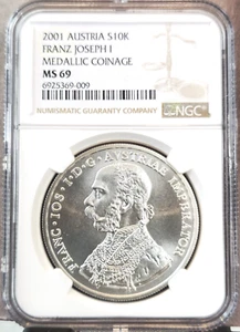 2001 AUSTRIA 10 KREUZER SILVER FRANZ JOSEPH I NGC MS 69 SCARCE TOP POP - Picture 1 of 3