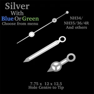 Silver Mercedes Type Hands for Seiko NH 34 / 35 / 36 / 4R etc Blue or Green Lume - Picture 1 of 3