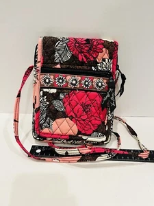 Vera Bradley Cross Body Bag Fold Over Flap Pink Floral Mocha Rouge Women's Purse - Picture 1 of 13