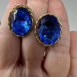 Vintage Ohrringe blau Strass Coro Schraubverschluss goldfarben Clip On - Bild 1 von 7