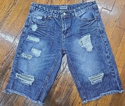 Pantalones cortos de mezclilla premium negros con hebilla desgastados para hombre talla 30 Foto 1 de 4