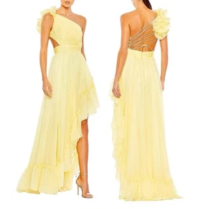 NWT | Mac Duggal 67989 Yellow Ruffled One Shoulder Asymmetrical Maxi Gown 10 - Picture 1 of 17