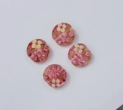 Cuentas de lentejas de vidrio de murano floral rosa de lujo vintage 18 mm 4 piezas Foto 1 de 3