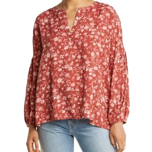 SALE Caslon Floral Rust Shirred Popover Split Neck Blouse Top Small/Large NWT - Picture 1 of 12
