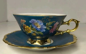 Bavaria Waldershof Handarbeit Teetasse Untertasse 22 Karat Gold türkis floral handbemalt - Bild 1 von 14