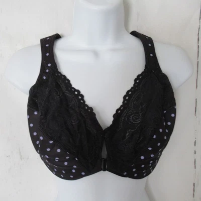 Glamorise Bra 34G Black Wonderwire Polka Dot Lace Front Closure Underwire 1245 - Image 1 of 4