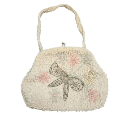 VTG Retro Belgium Beaded Evening Bag Cream Pink Floral Bow Bridal 5.5" x 7" - Image 1 of 4