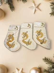 Gold Sequins , Beads, And Applique Holiday Stocking Musical Notes Set Of 3 - Picture 1 of 3