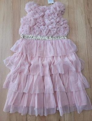 Nuevo con etiquetas Mini Boden vestido de tul rosa con volantes y lentejuelas doradas - talla 7-8 Foto 1 de 4