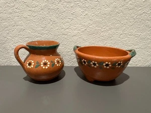 USED Vintage Mexican Folk Art Red Clay Pottery Mug & Bowl Set Floral Tlaquepaque - Picture 1 of 15