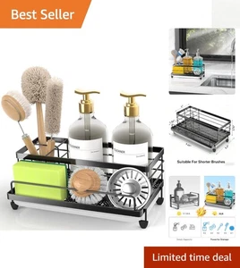 Eleganter großer schwarzer Schwammhalter mit Abtropfschale - Rostfreier Küchenorganizer - Bild 1 von 9