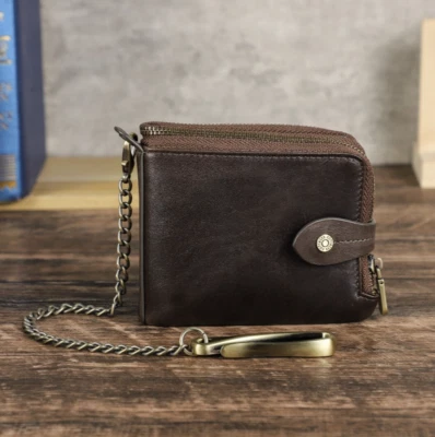 Men RFID Genuine Leather Wallet Purse ID SD SIM 6 Card Holder + Anti-Theft Chain - Image 1 of 4