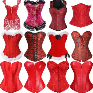 Costume donna rosso overbust disossato corsetto burlesque basco top stringato più S-6XL - Foto 1 di 15