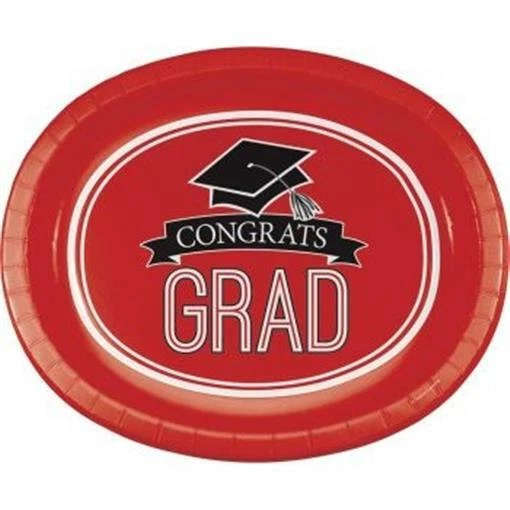 Graduation School Spirit Red 12 Inch Oval Paper Plates 8 Pack Graduations Decor - Image 1 of 1