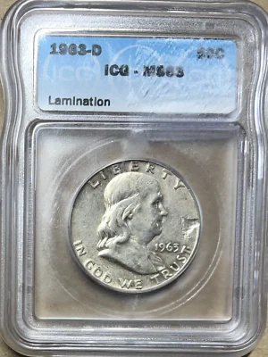 Mint Error  1963 D Franklin Half Dollar ICG MS63  obverse Lamination 90% Silver - Image 1 of 4