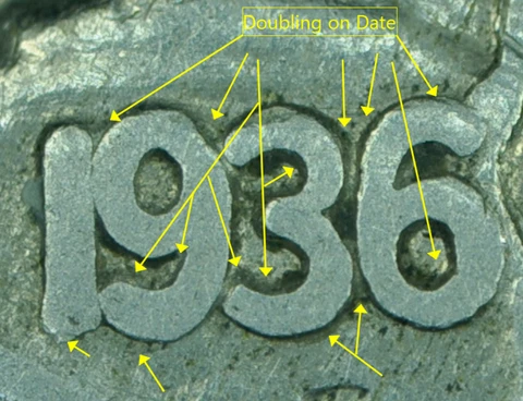 U.S. 1936 Buffalo Nickel Doubling on Date & "Five Cents" Cover