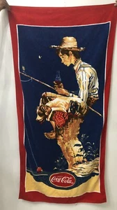 Vintage Coca-Cola Towel Boy Fishing 28”x57” Logo Beach Pool Summer Preloved 80s - Picture 1 of 8