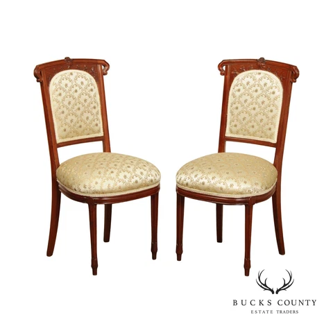 French Art Nouveau Except. Quality Carved Mahogany Pair Upholstered Side Chairs Cover
