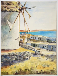 MOULIN A VENT Grèce, AQUARELLE originale, Art XXe, vintage Watercolor, GREECE - Picture 1 of 1