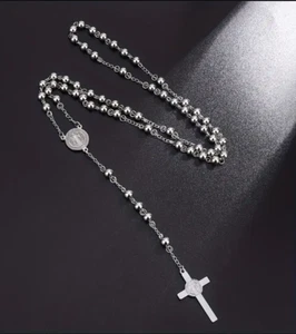 Lady of Guadalupe Stainless Steel Beads Rosary St Benedict Cross Silver Necklace - Picture 1 of 3
