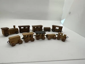 Two Sets Hand Carved Wooden Mini Train Sets  - Picture 1 of 8