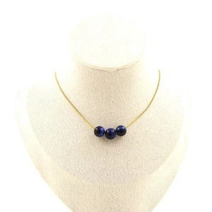 Collar 3 Perlas Ojo De Tigre Azul 8 Mm. Cadena De Acero Dorado Collar Mujeres - Imagen 1 de 6