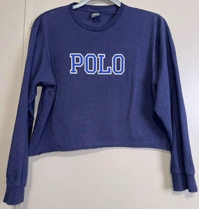Women’s Vintage Polo Crew Neck Crop Long Sleeve Navy Blue Shirt Size Extra Large - Picture 1 of 5